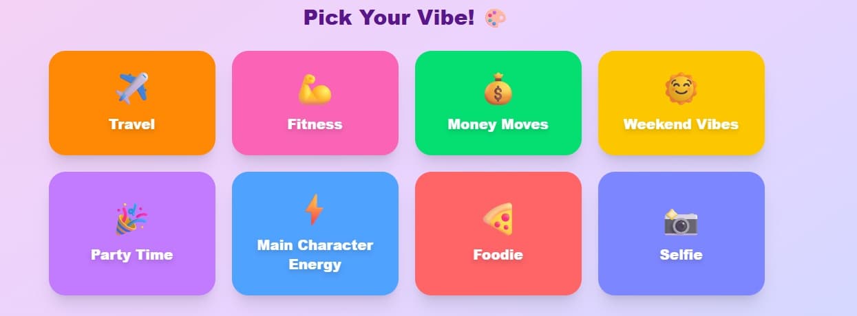 Selecting a caption category in Caption Captain — Travel, Gym, Selfie, Weekend Vibes and more